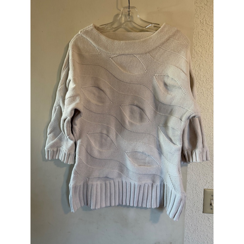 Anne Klein Womens Beige Knit Sweater 3/4 Sleeve Boat Neck Pattern Large Costal